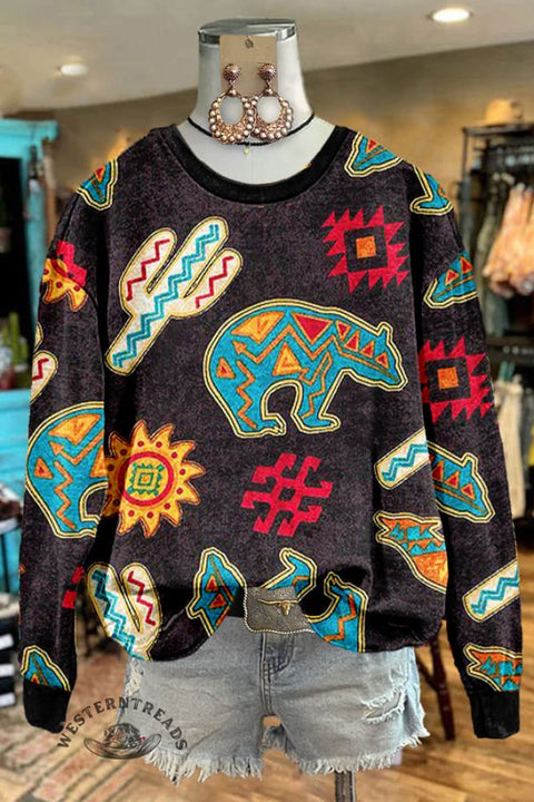 Western Totem Cactus Print Sweatshirt