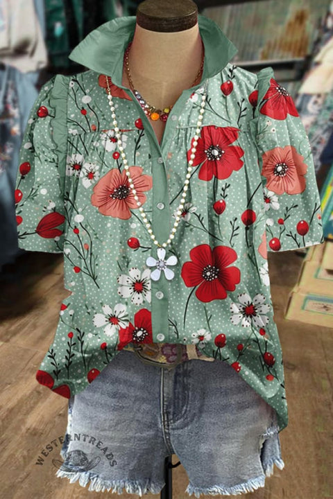 Chic Floral Print Collared Short Sleeve Top