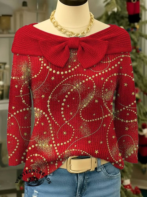 Christmas Print Bow-knot Horizontal Collar Pullover Sweater