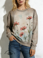 Vintage Art Flower Print Casual Cotton Sweatshirt