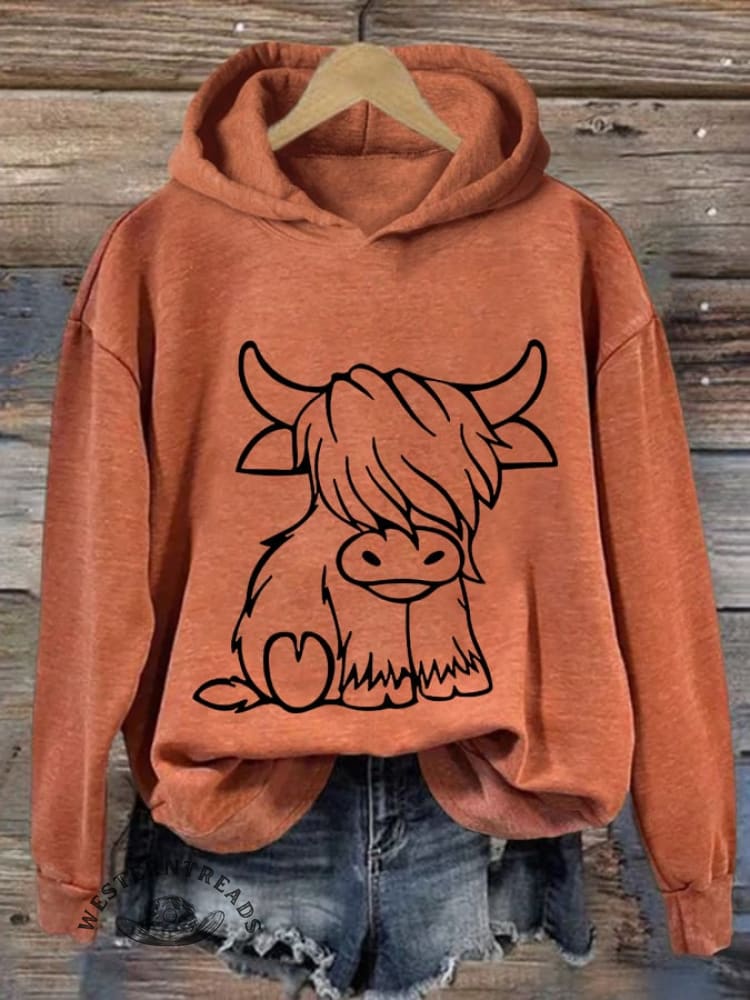 Women'S Western Highland Cow Print Casual Hoodie