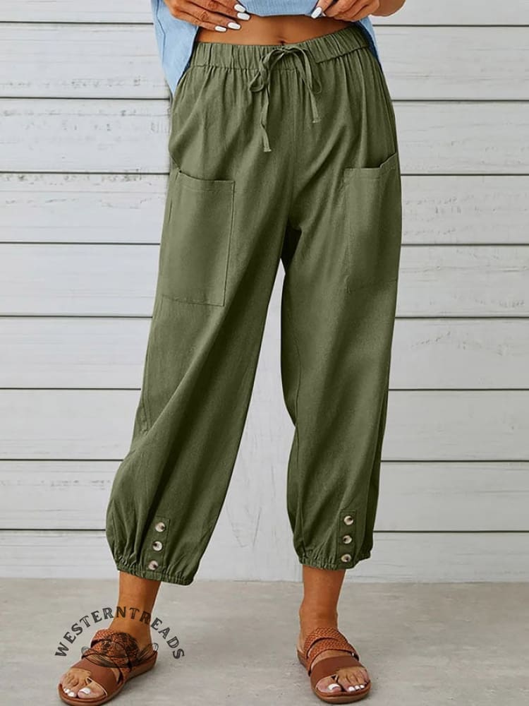 Solid Color Casual With Pocket Buttons Cotton Linen Trousers Pants