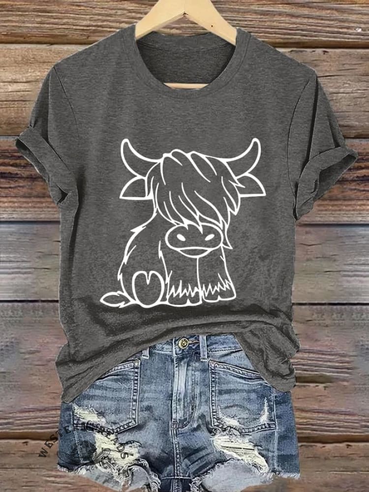 Women's Western Highland Cow printed casual T-shirt