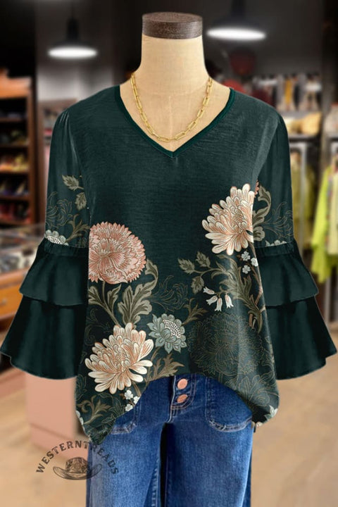 Chic Floral Print Ruffle Sleeve Top