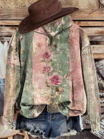 Vintage Rose Art Print Casual Long Sleeve Zip Sweatshirt
