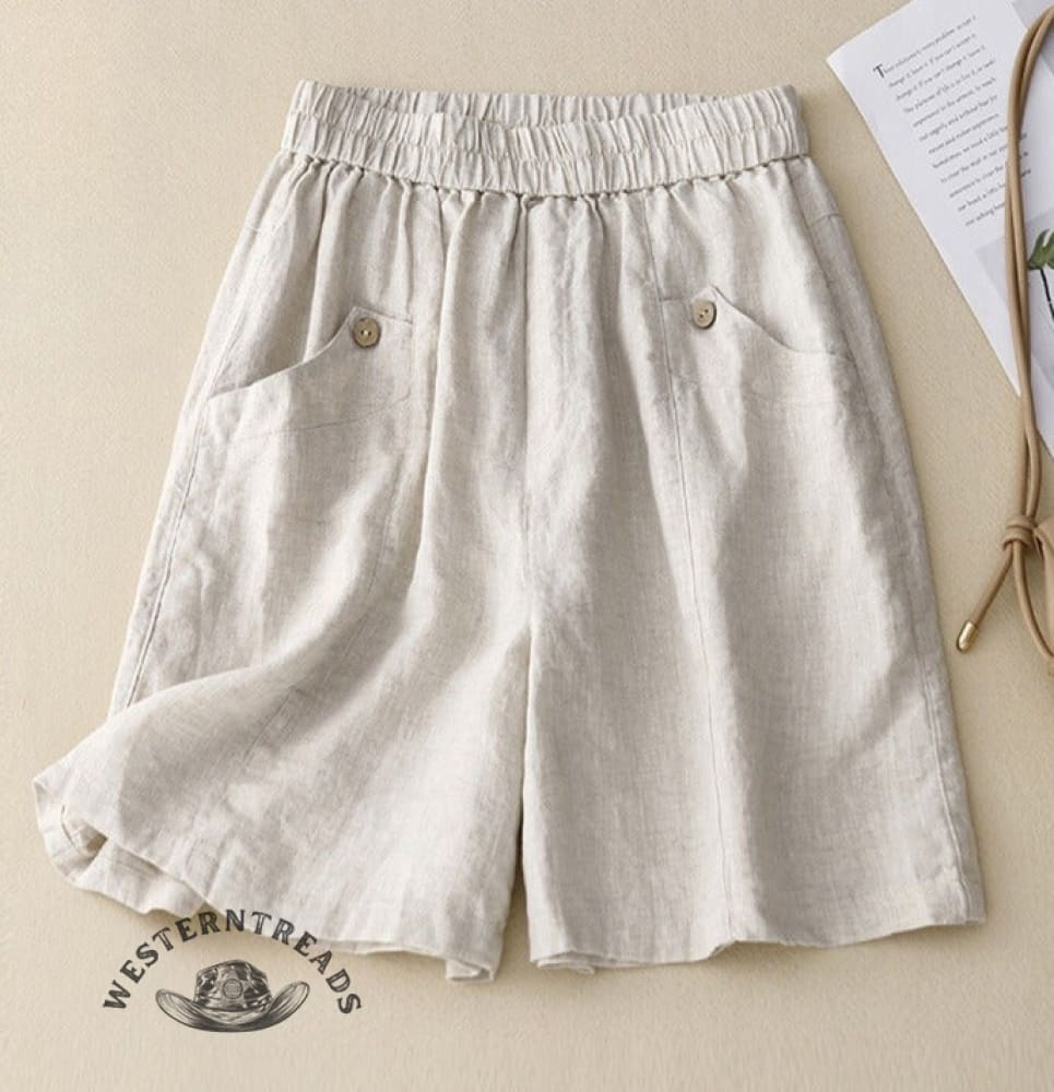 Cotton And Linen Solid Color Elastic Waist Shorts