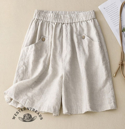 Cotton and linen elastic waist shorts