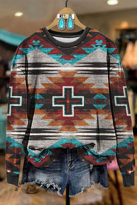 Retro Ethnic Western Aztec Printed Sweatshirt