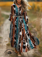 Women's Vintage Stripes Classic West Print Pocket Cotton Dress