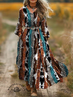 Women's Classic West Stripes Print V-Neck Button Pocket Cotton Dress