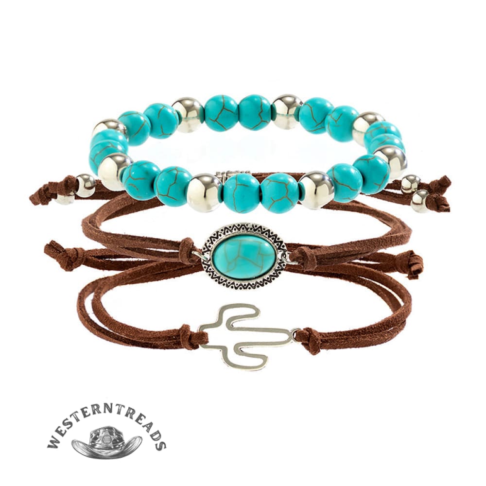 Western Cowboy Style Cactus Decor Turquoise Beaded Bracelet Set