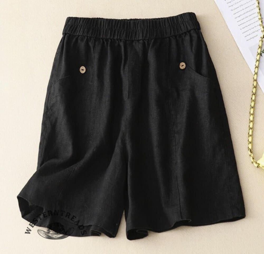 Cotton And Linen Solid Color Elastic Waist Shorts