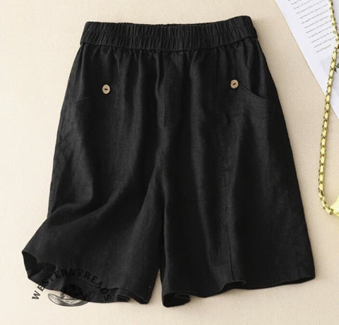 Cotton and linen elastic waist shorts