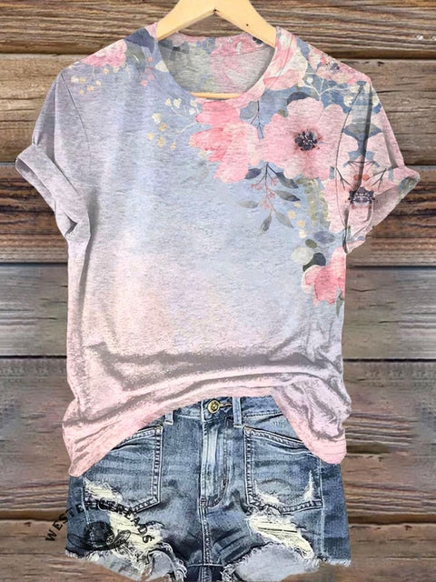 Simple Floral Print Casual T-Shirt
