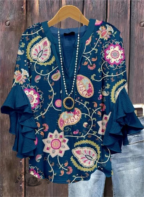 Retro Floral Print Ruffle Sleeve Top