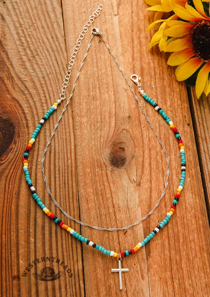 2Pcs Colorful Beading Cross Pendant Necklace