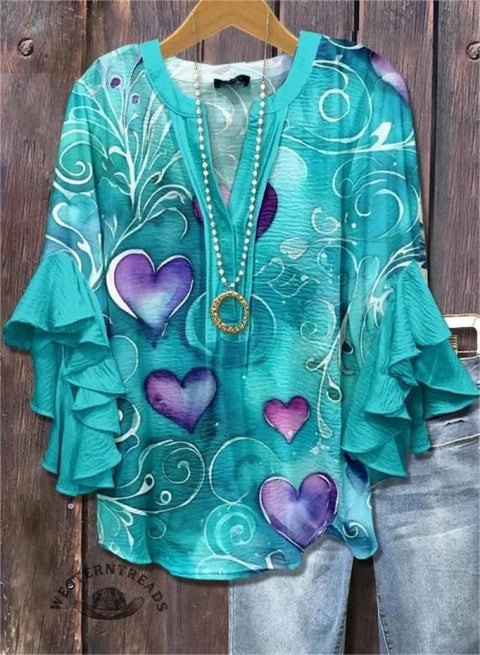 Art Heart Print Ruffle Sleeve Top