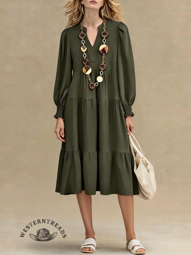 Vintage Contrast Western Style Cotton And Linen Midi Dress