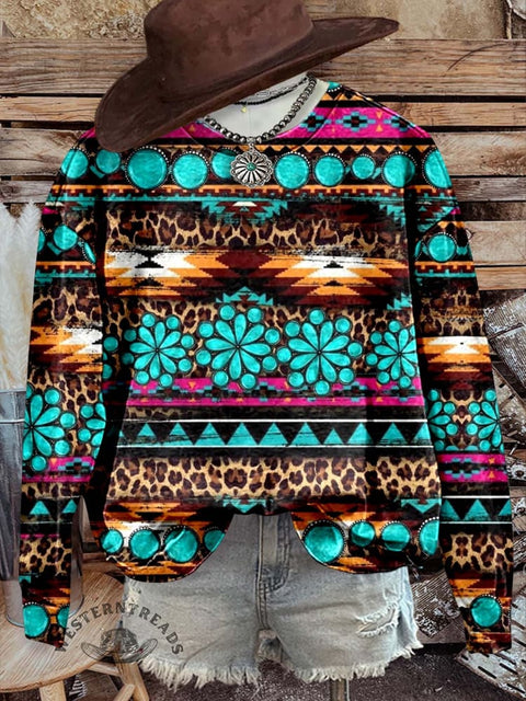 Turquoise Print Casual Sweatshirt