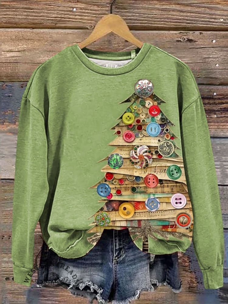 Vintage Christmas Tree Print Casual Sweatshirt