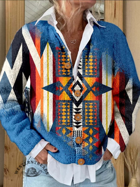 Aztac Print Buttoned Cardigan Sweater