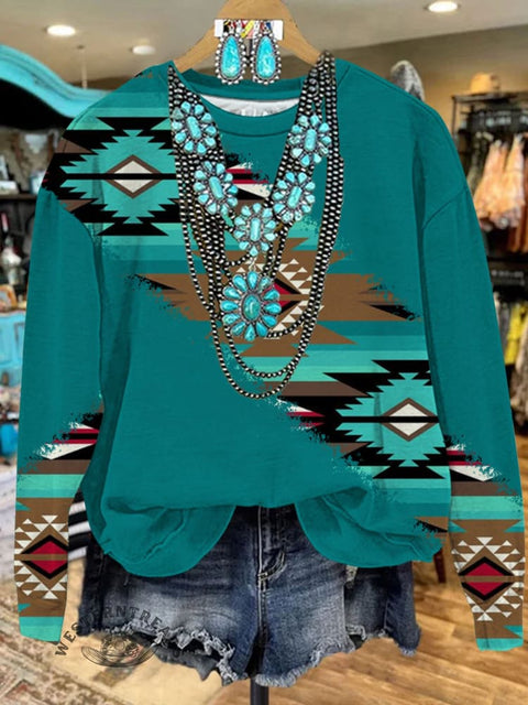 Cyan Beveled Color Block Aztec Art Casual Sweatshirt