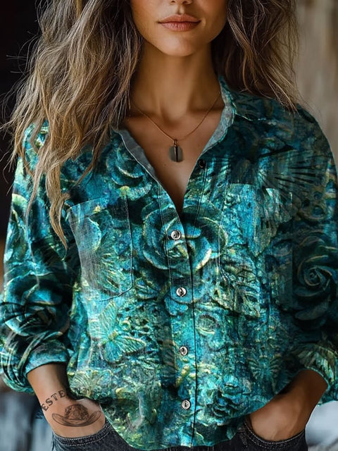 Women's Retro Blue Flowers Print Casual Long Sleeve Comfortable Cotton Shirt
