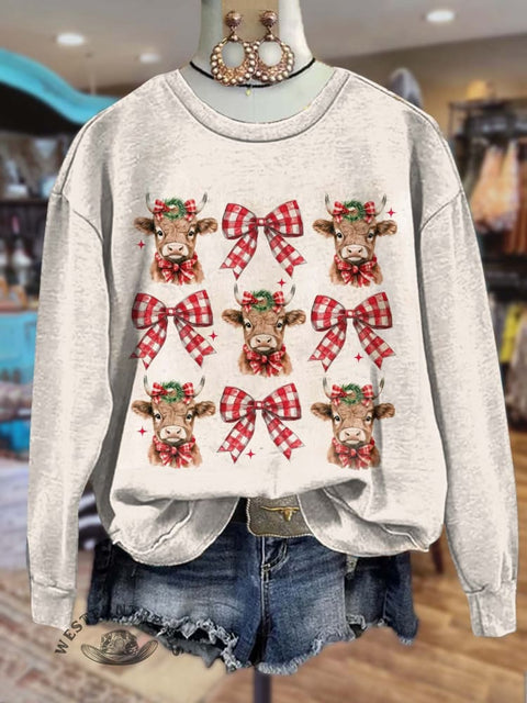 Christmas Coquette Highland Cow Print Casual Sweatshirt