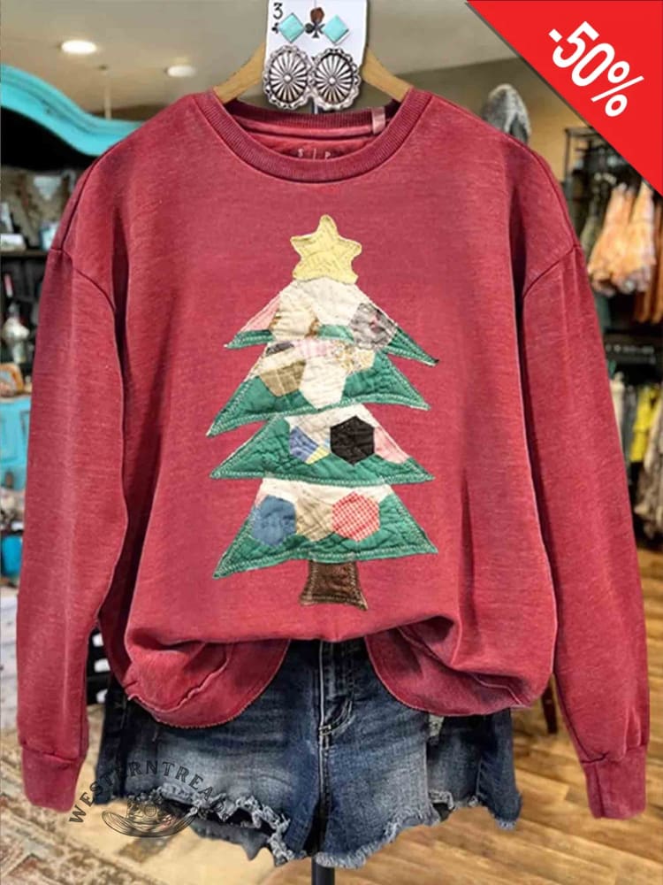 Retro Patchwork Christmas Tree Print Sweatshirt