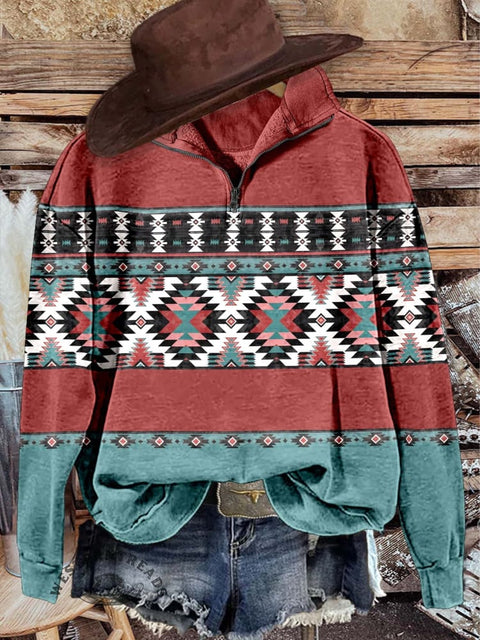Aztac Print Casual Long Sleeve Zip Sweatshirt