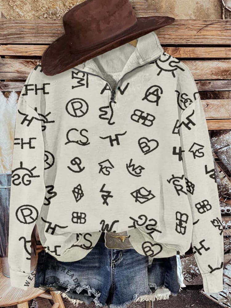 Western Cattle Brands Print Casual Long Sleeve Zip Sweatshirt