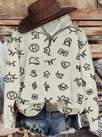 Western Cattle Brands Print Casual Long Sleeve Zip Sweatshirt