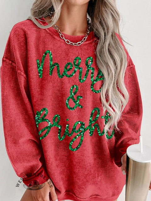 Christmas Sparkly Glitter Merry and Bright  Women's Casual Print Sweatshirt
