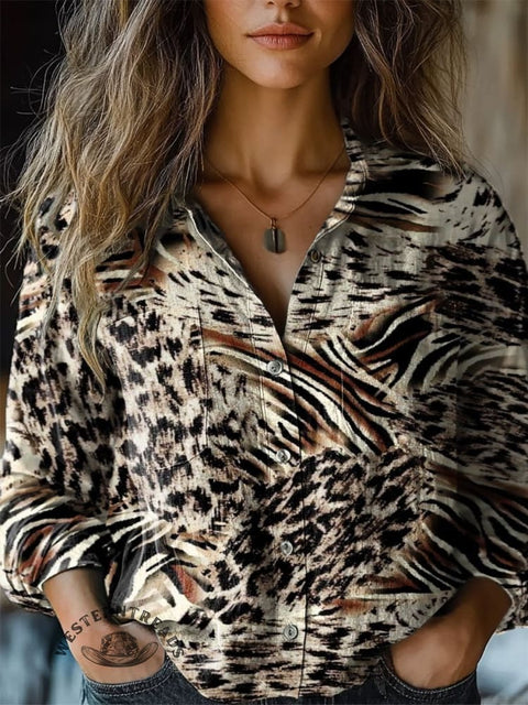 Women's Fashion Wild West Leopard Art Print Casual Long Sleeve Comfortable Cotton Shirt