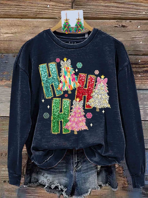 Retro Colorful Coquette Glitter Ho Ho Ho Christmas Tree Print Sweatshirt