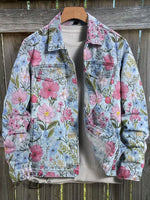 Vintage Flower Art Print Casual Denim Jacket