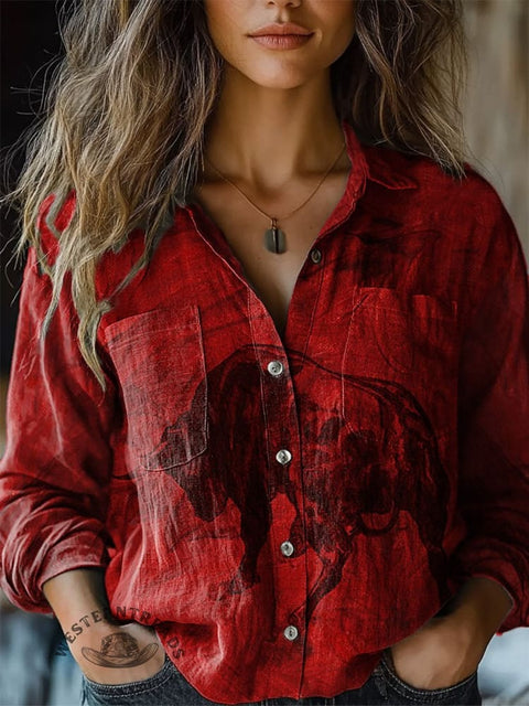 Women's Fashion Wild West Bison Art Print Casual Long Sleeve Comfortable Cotton Shirt