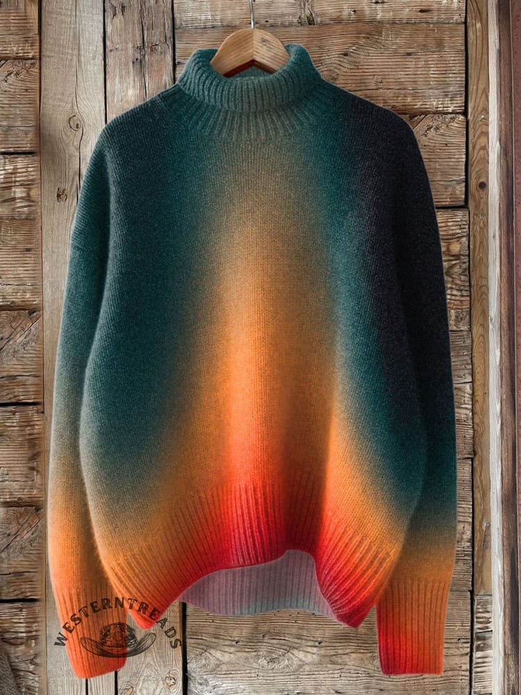 Vintage Print Knit Turtleneck Pullover Sweater