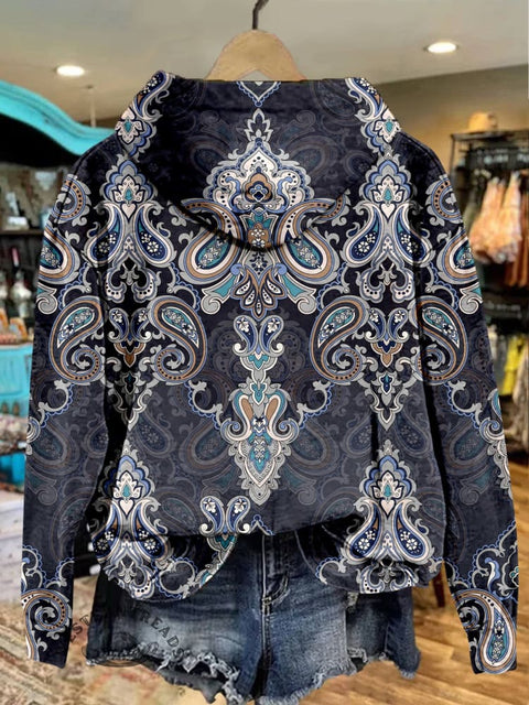 Paisley Print Casual Zip Hoodie Sweatshirt