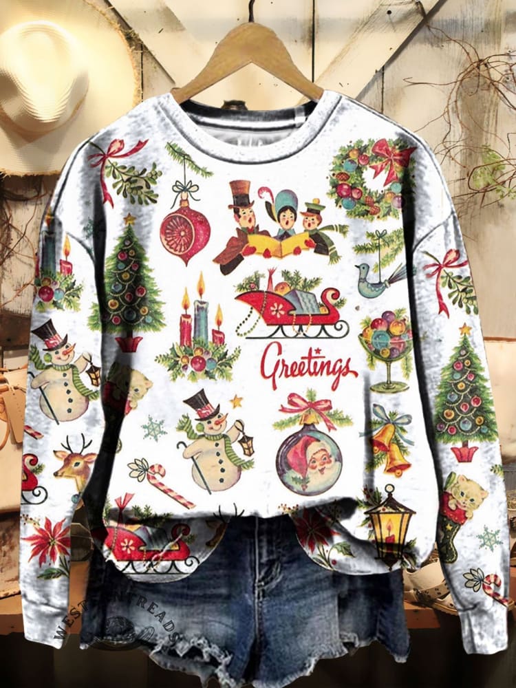 Women's Christmas Retro Pattern Print Casual Sweatshirt