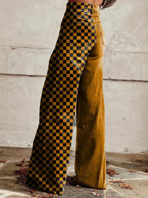 Women's Yellow and Black Tartan Print Casual Wide Leg Pants