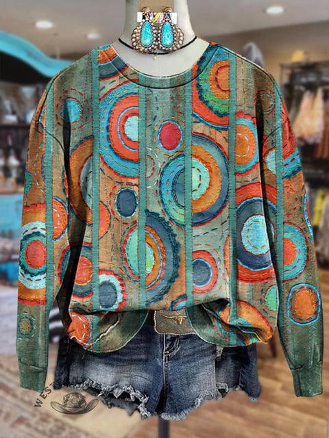 Wild West Turquoise Sun Wheel Print Crew Neck Sweatshirt