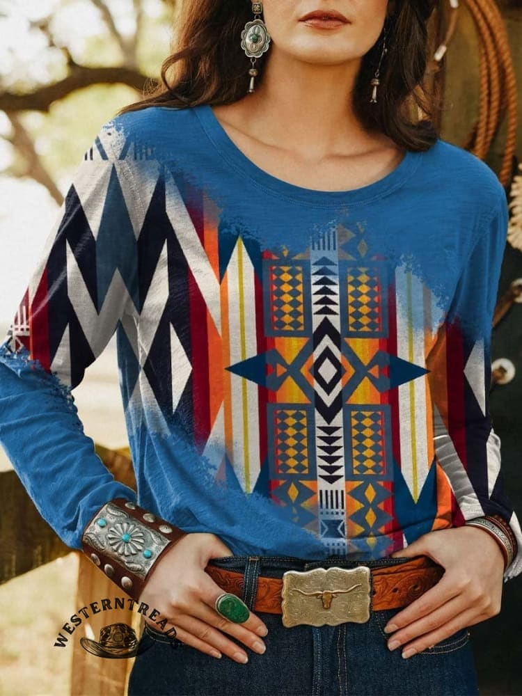 🔥Hot Sale🔥Blue Aztec Print Casual Sweatshirt