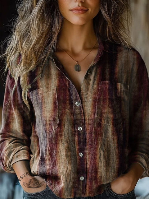 Women's Fashion Wild West Retro Cowboy Stripes Distressed Art Print Casual Long Sleeve Comfortable Cotton Shirt