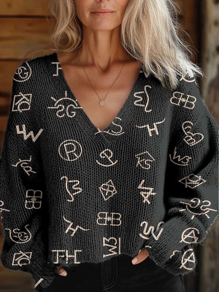 Women's Western Cattle Brands Print Casual V-neck Pullover Knit