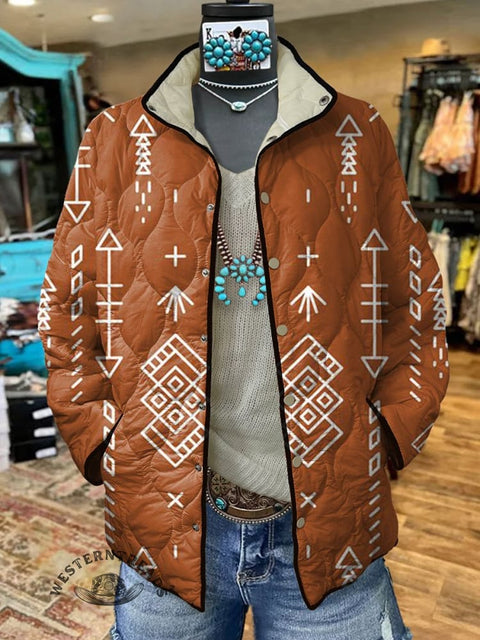 Orange Retro Aztec Arrows Art Print Casual Quilted Cardigan