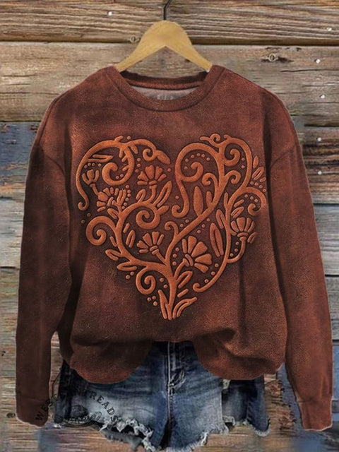 Retro Heart Print Casual Sweatshirt