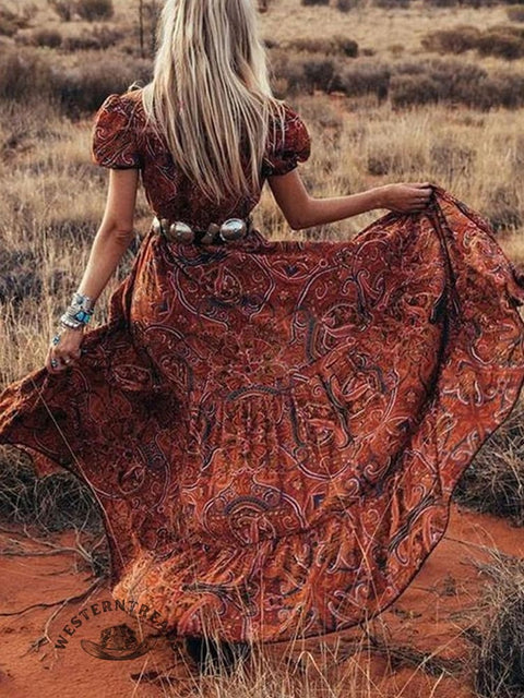 Women's Printed V-Neck Short Sleeve Bohemian Resort Maxi Dress