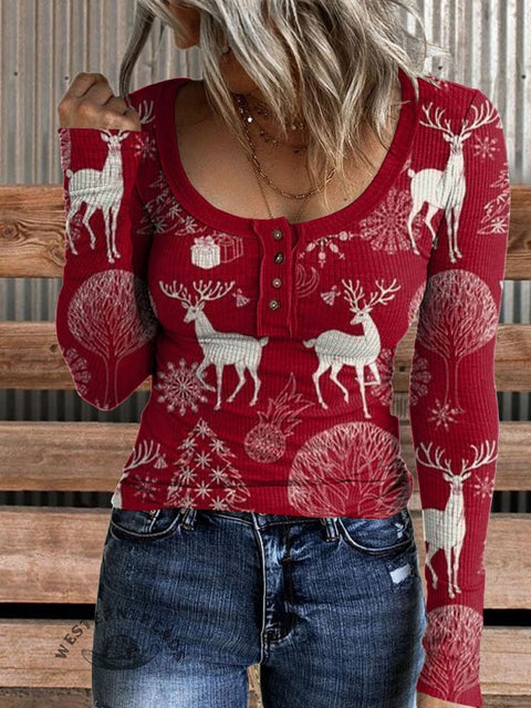 Christmas Theme Print Casual Long Sleeve Henley Shirt
