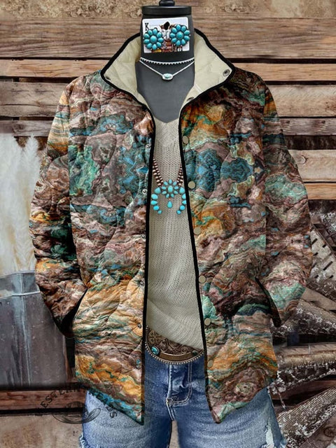 Women's Turquoise Print Casual Quilted Jacket